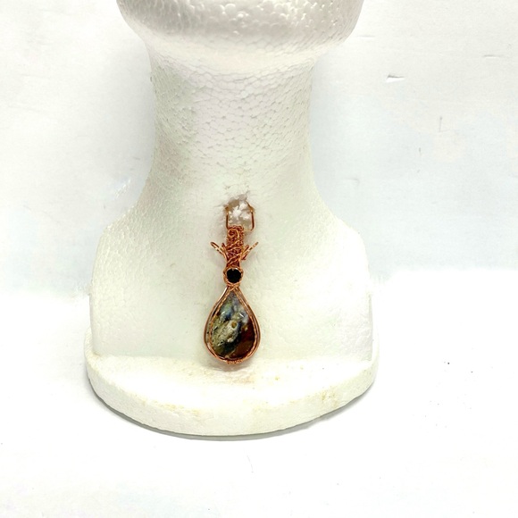 HANDCRAFTED Plume Agate Hand Wrapped Pure Copper Lava Bead Statement Pendant - Picture 2 of 10